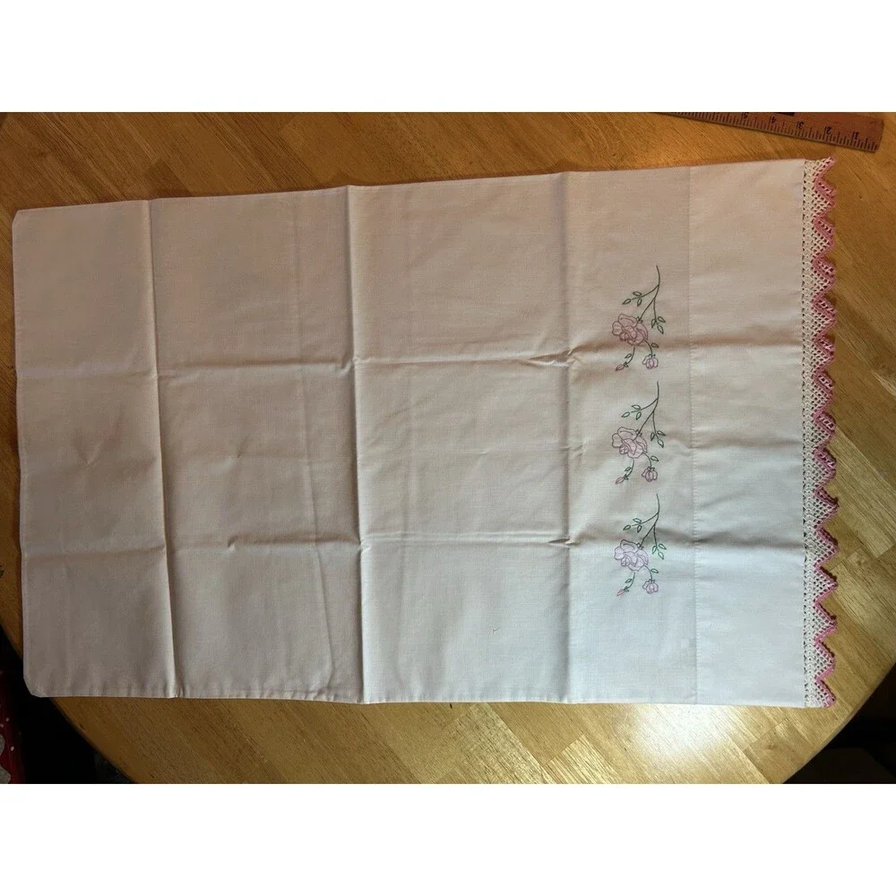 Vintage Pink Rose Embroidered Pillowcases Pair Crochet Lace Percale Cottage Set